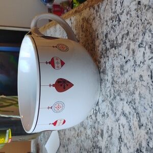 Designpac Oversized Holiday mug with (red, brown, and blue) ornaments.